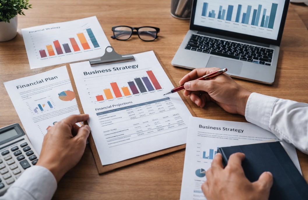 Business strategy and financial planning documents on desk with laptop and analytics charts