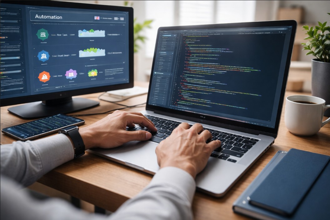 Software development and automation workflow with coding, data dashboards, and digital business systems