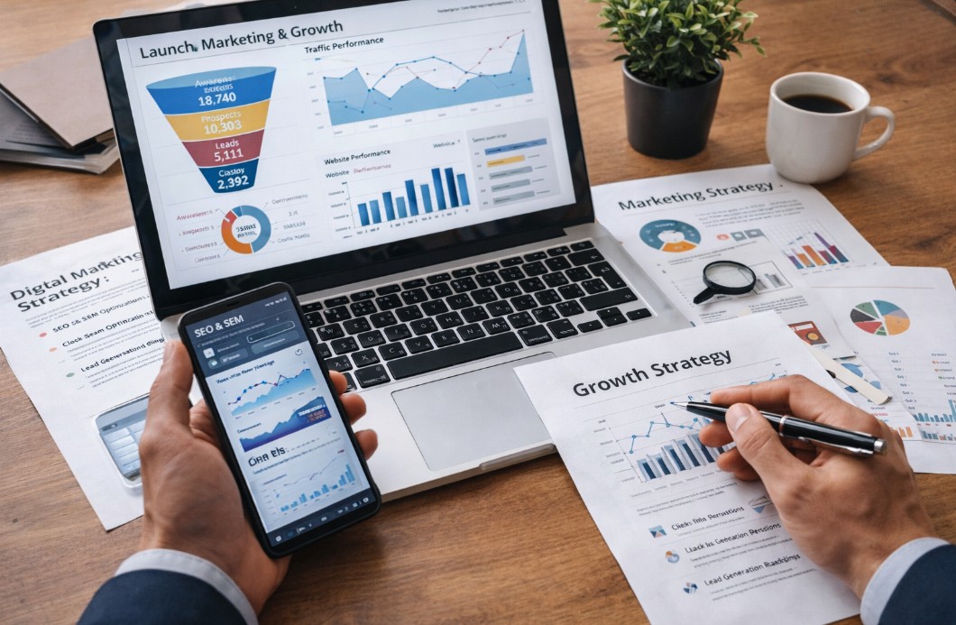 Digital marketing and business growth strategy with analytics dashboards, SEO metrics, and revenue optimization systems