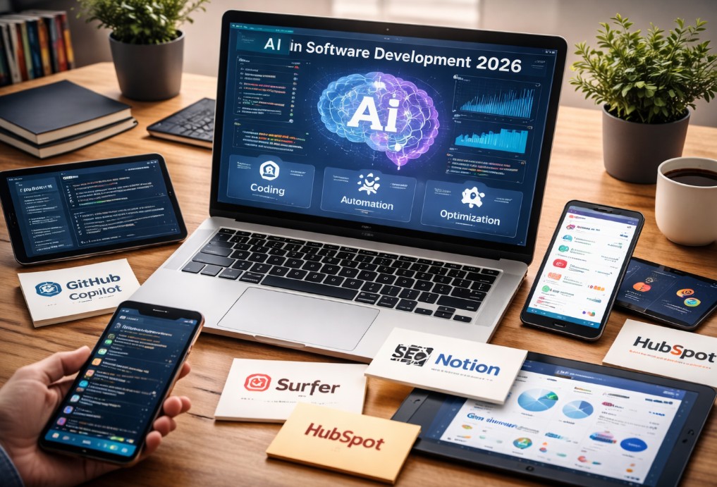 AI in software development workspace with automation tools, analytics dashboards and mobile applications for business growth