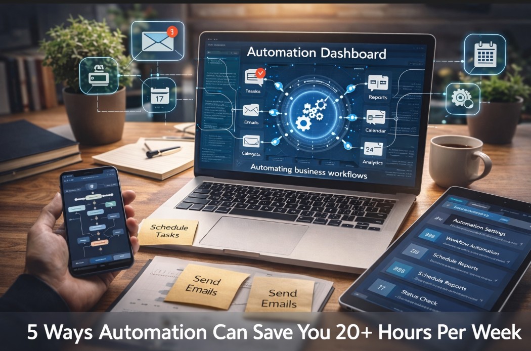 business automation workflow dashboard showing task automation, email scheduling and productivity tools saving time